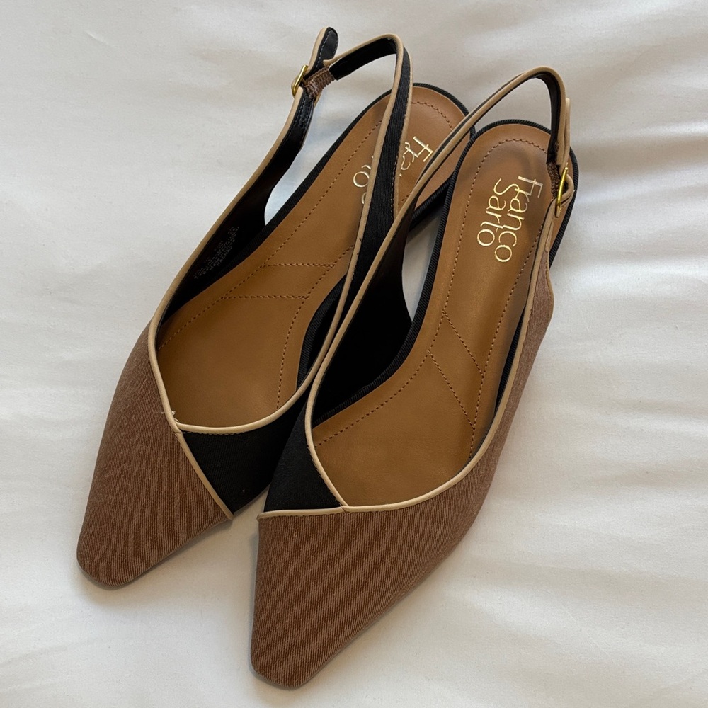 Franco Sarto Brown and Black Pointed Slingback Flats